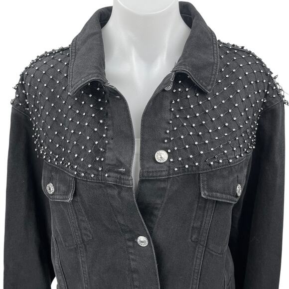 Topshop Black Rhinestone Embellished Button Denim Jeans Moto Coat Jacket Size 10 - Picture 3 of 6